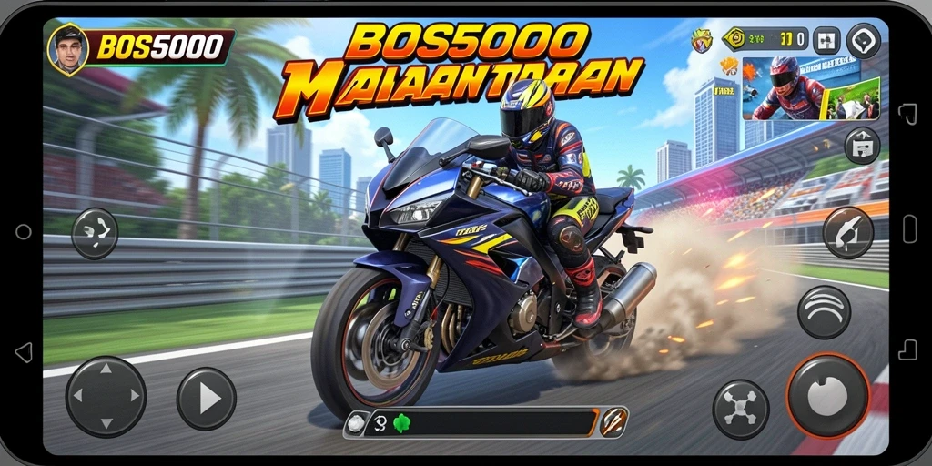 Screenshot dari gameplay balapan motor yang menegangkan di BOS5000.
