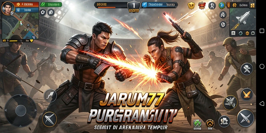 Screenshot gameplay JARUM77 menampilkan pertarungan sengit antara dua karakter.