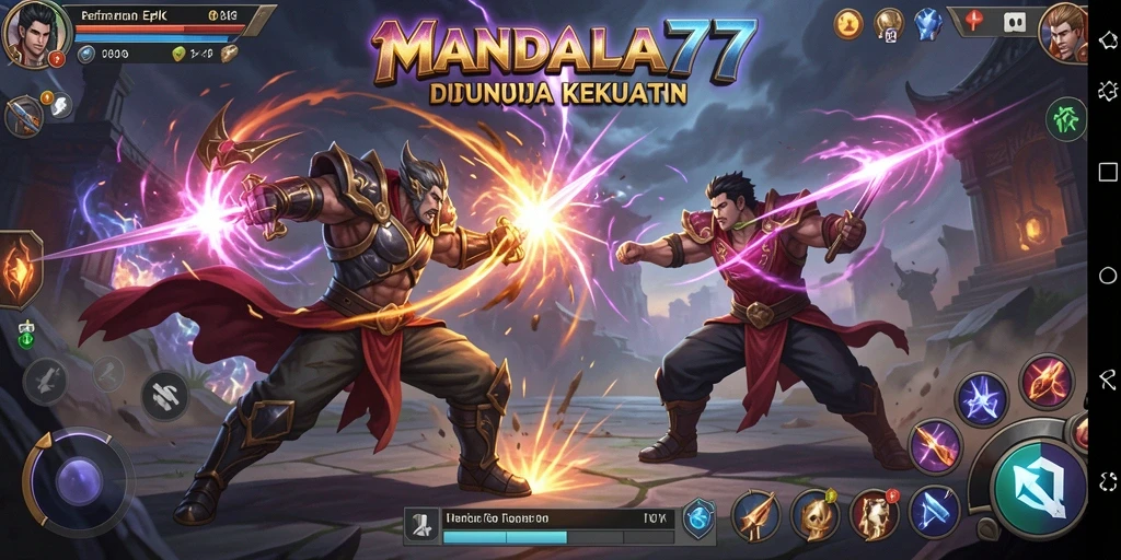 Screenshot MANDALA77 menampilkan pertarungan seru antara karakter.