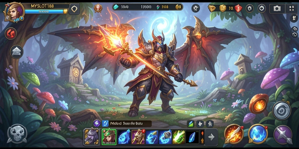 Tampak utama gameplay MYSLOT188 memperlihatkan pertarungan seru di dunia fantasi.