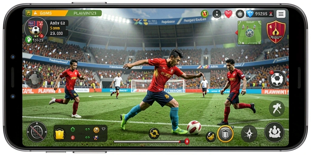 Tampilan gameplay seru dari PLAYWIN123 yang menampilkan aksi sepak bola mendebarkan.