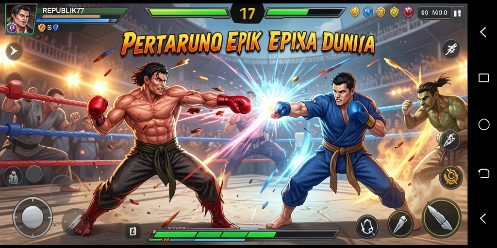 Tampilan gameplay REPUBLIK77 yang menegangkan dalam pertarungan Fighting.