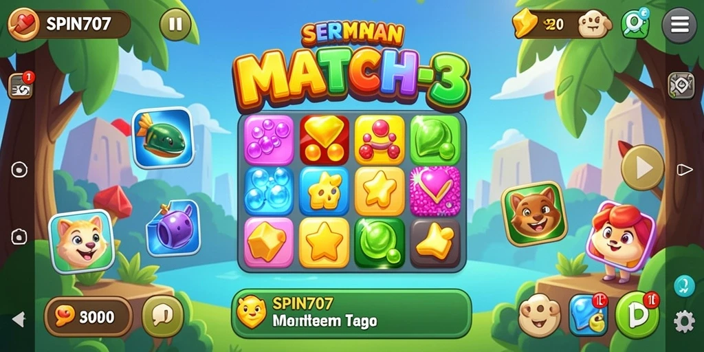 Tampilan screenshot gameplay SPIN707 dengan level Match-3 yang menantang.