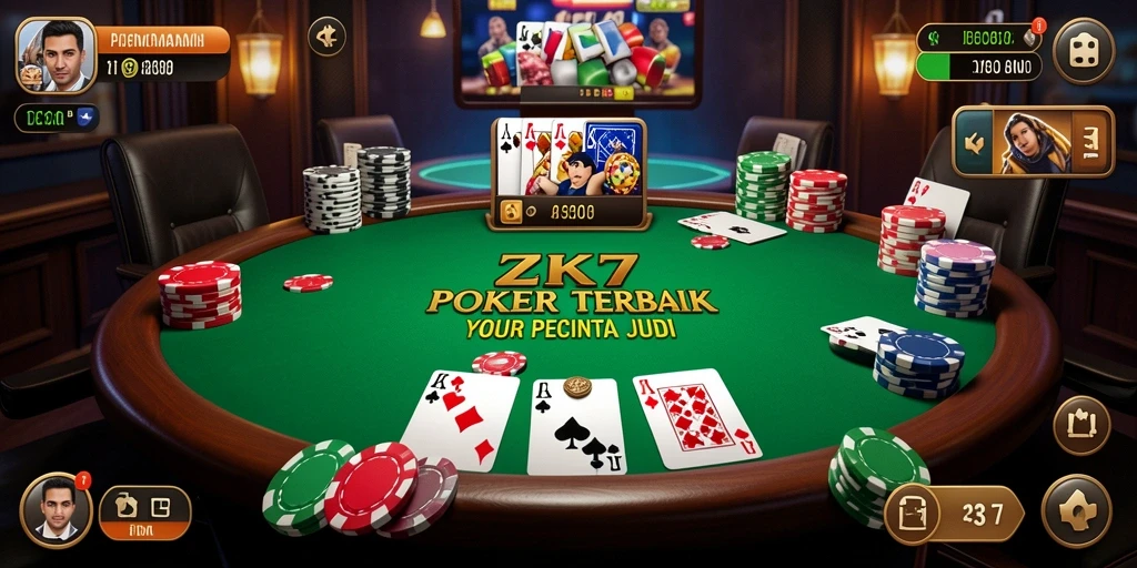Tampilan gameplay seru ZK7 dengan fitur Poker menarik.